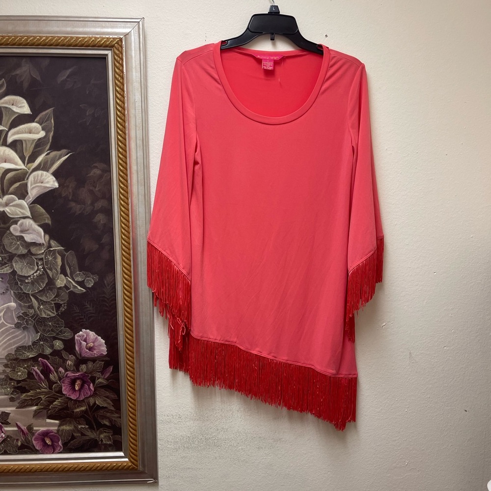 Sunny Leigh Coral Fringe Orange Top Medium Size.